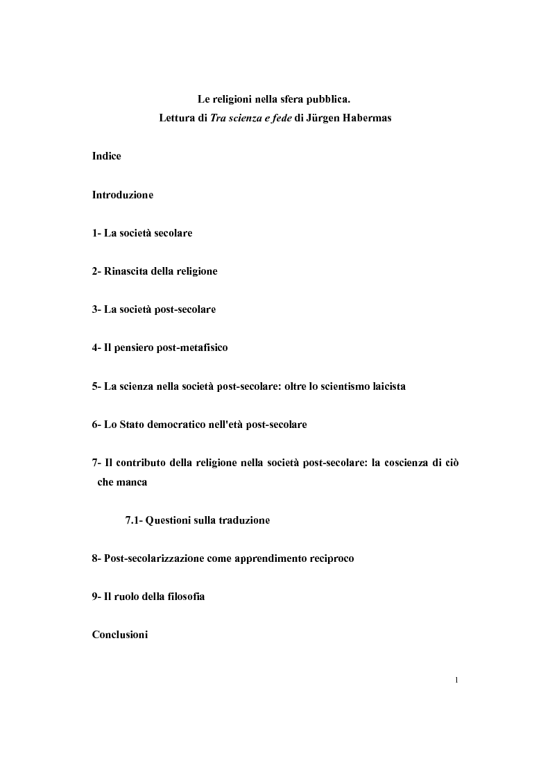 Indice della tesi: Le religioni nella sfera pubblica. Lettura di "Tra scienza e fede" di Jürgen Habermas, Pagina 1