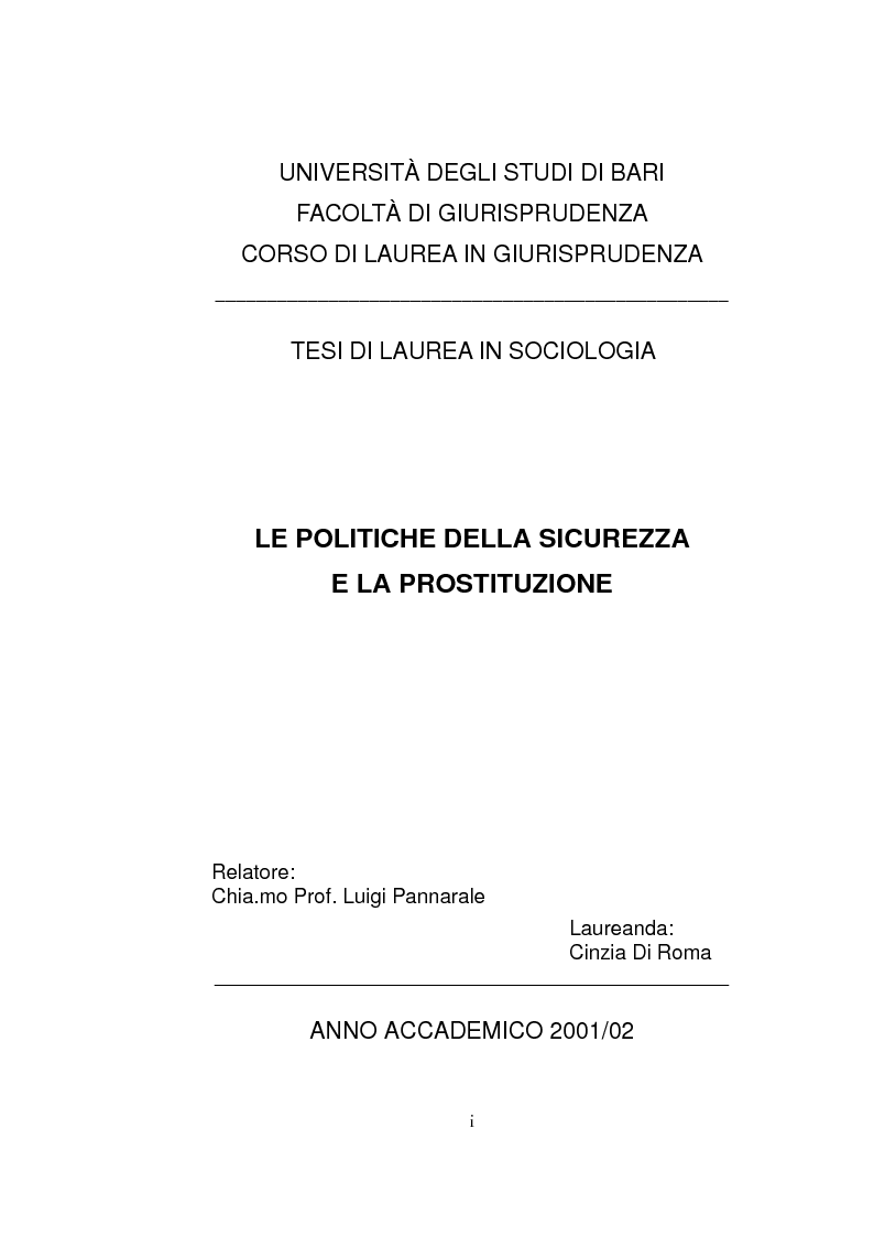 Anteprima della tesi: Le politiche della sicurezza e la prostituzione, Pagina 1