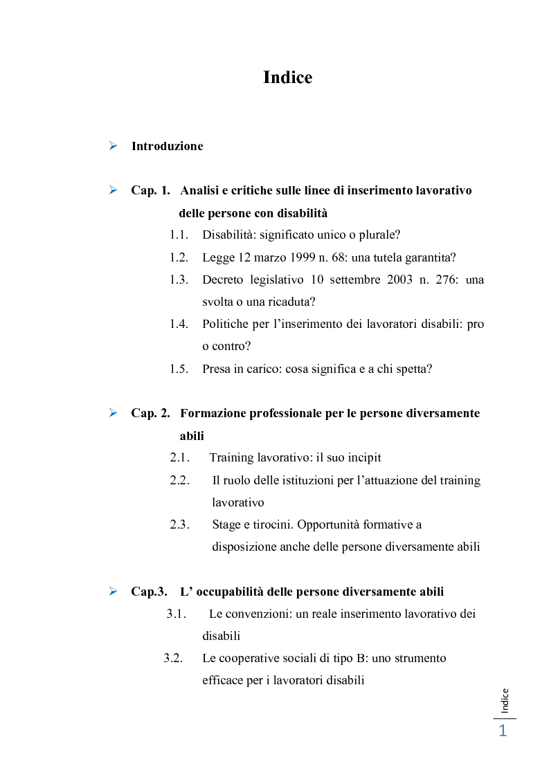 Indice della tesi: Dall'incertezza alla realtà. L'inserimento lavorativo delle persone disabili, Pagina 1