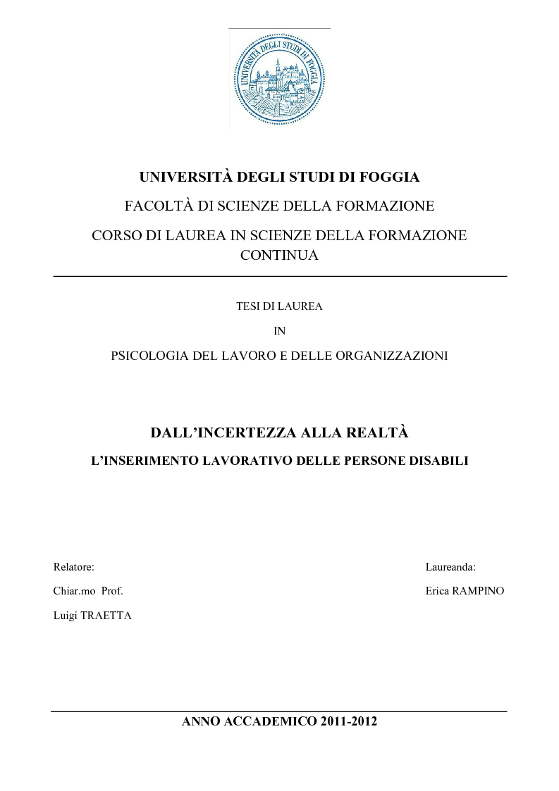 Anteprima della tesi: Dall'incertezza alla realtà. L'inserimento lavorativo delle persone disabili, Pagina 1