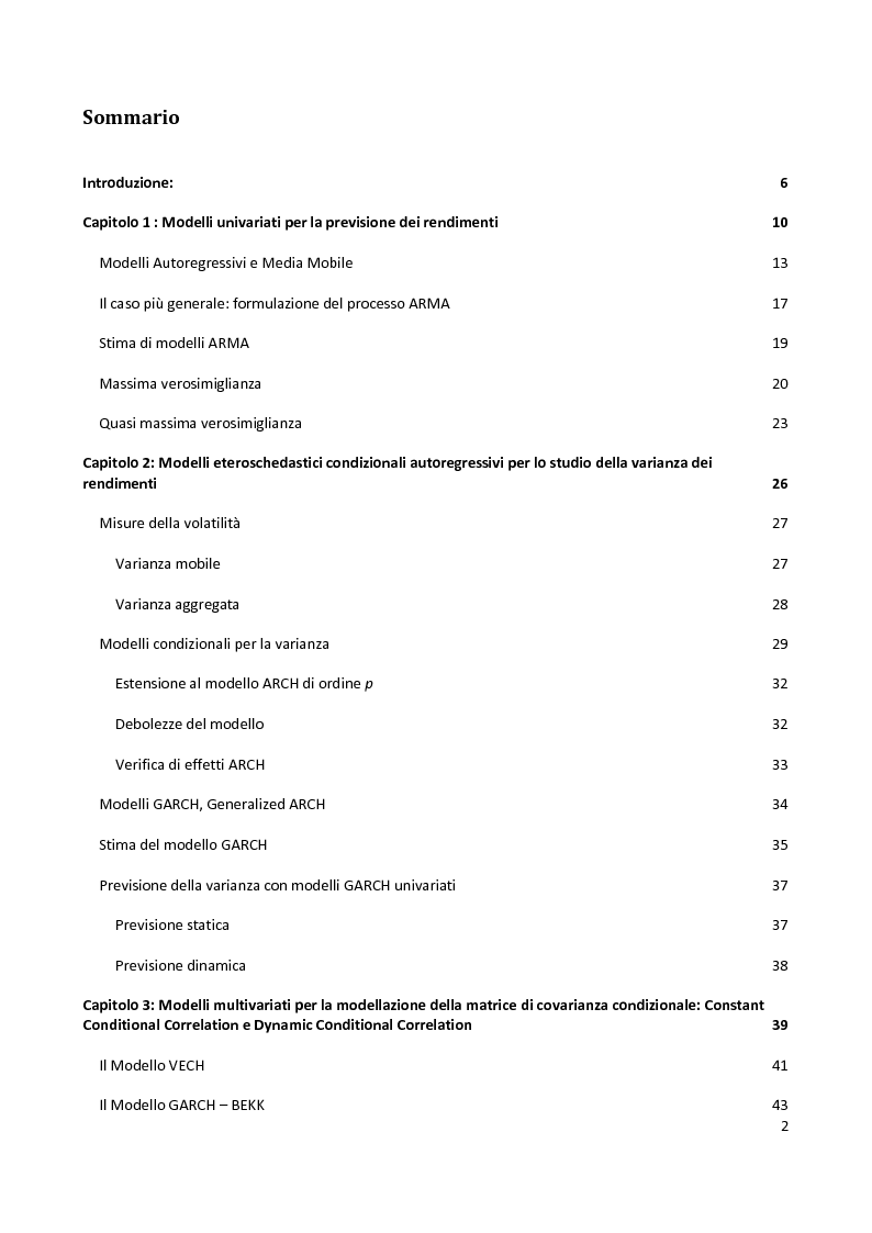 Indice della tesi: Modelli GARCH multivariati e strategie di allocazione ottimale di portafoglio, Pagina 1