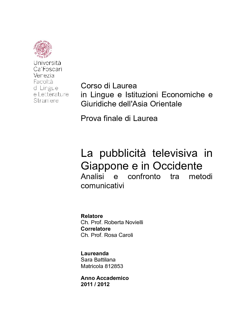 Anteprima della tesi: La pubblicità televisiva in Giappone e in Occidente - Analisi e confronto tra metodi comunicativi, Pagina 1