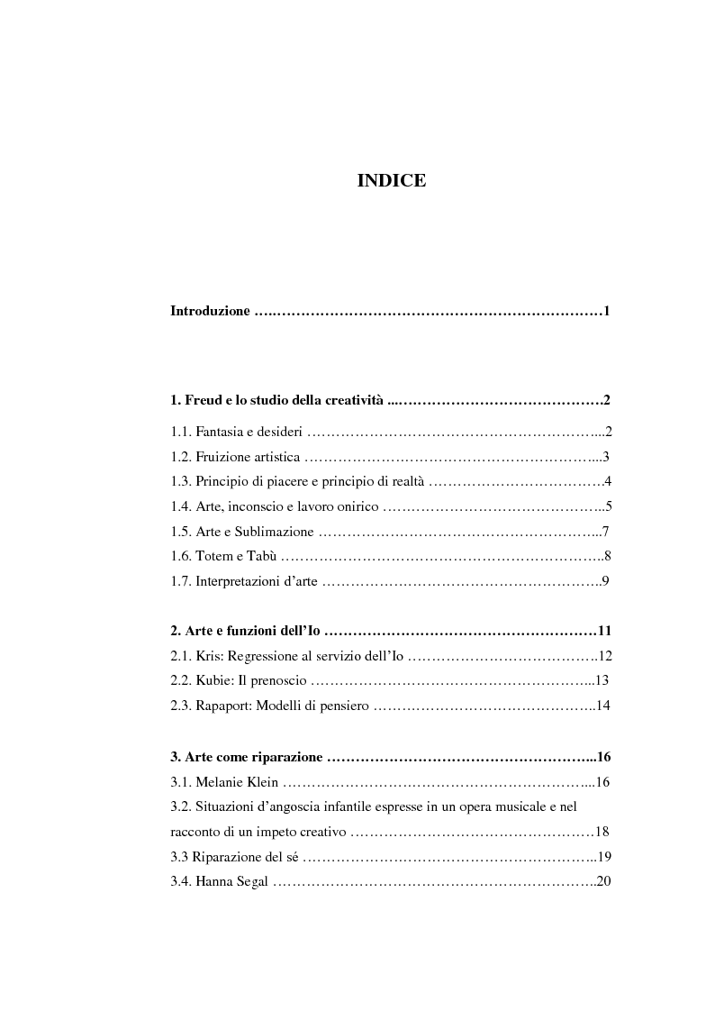 Indice della tesi: Psicoanalisi dell'Arte e della Musica, Pagina 1