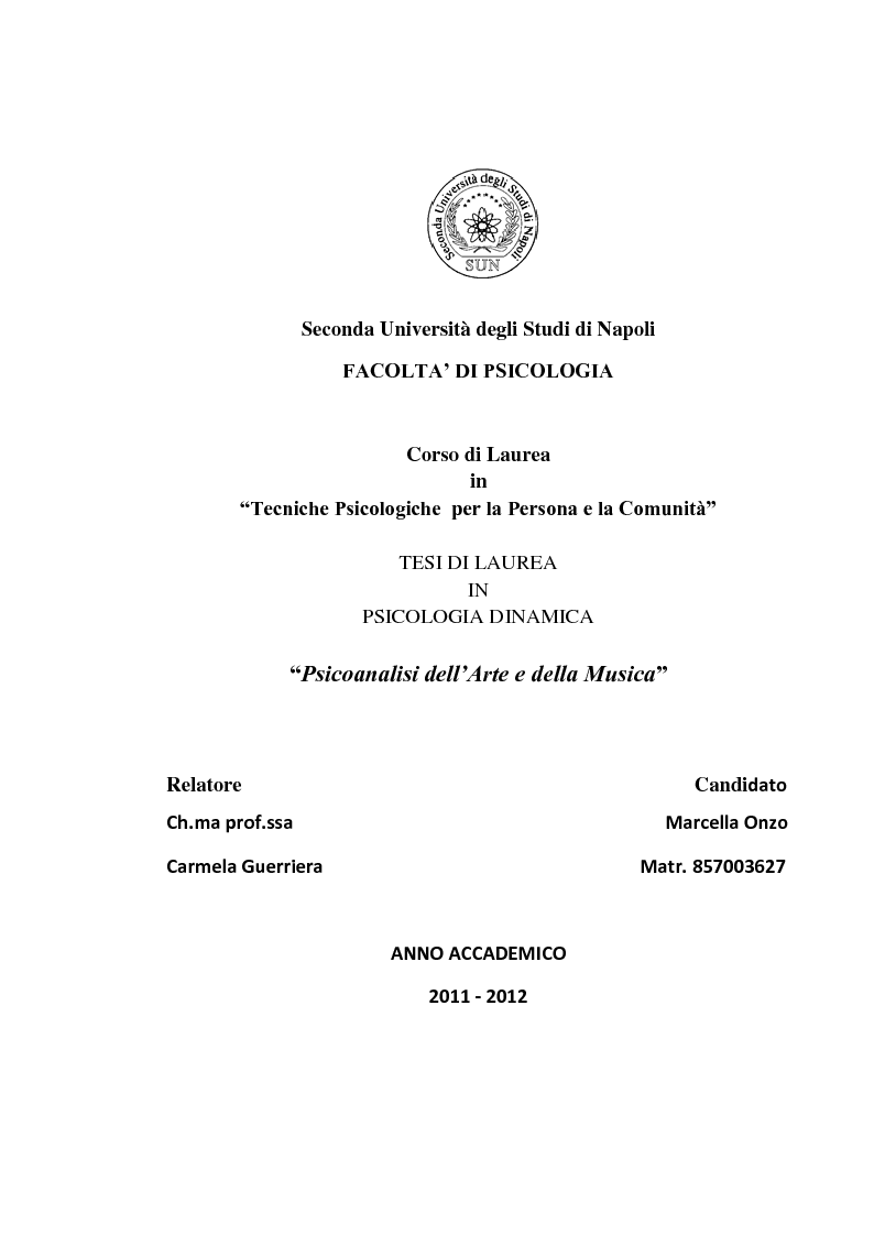 Anteprima della tesi: Psicoanalisi dell'Arte e della Musica, Pagina 1