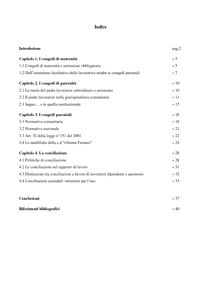 Indice della tesi: Congedo di maternità e paternità, congedi parentali e strategie di conciliazione, Pagina 1