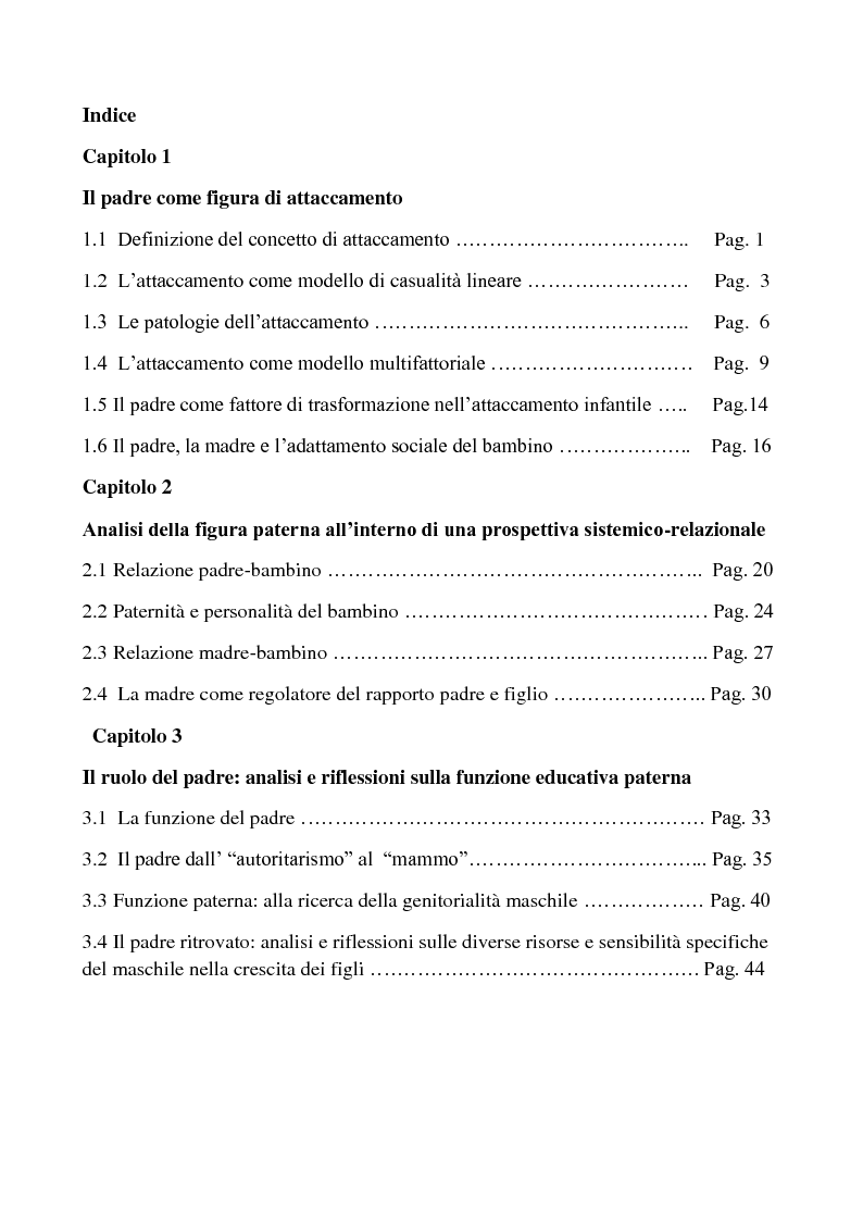 Indice della tesi: Il ruolo della figura paterna nello sviluppo psicologico del figlio, Pagina 1