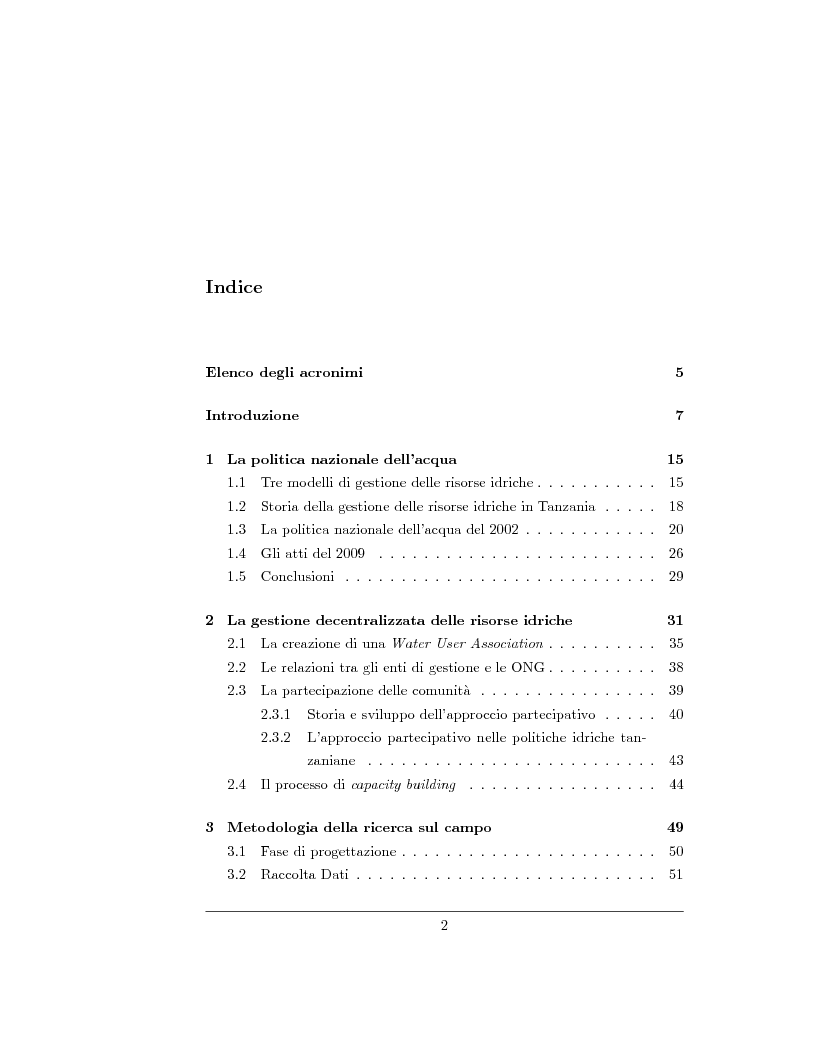 Indice della tesi: La gestione delle risorse idriche in Tanzania, Pagina 1