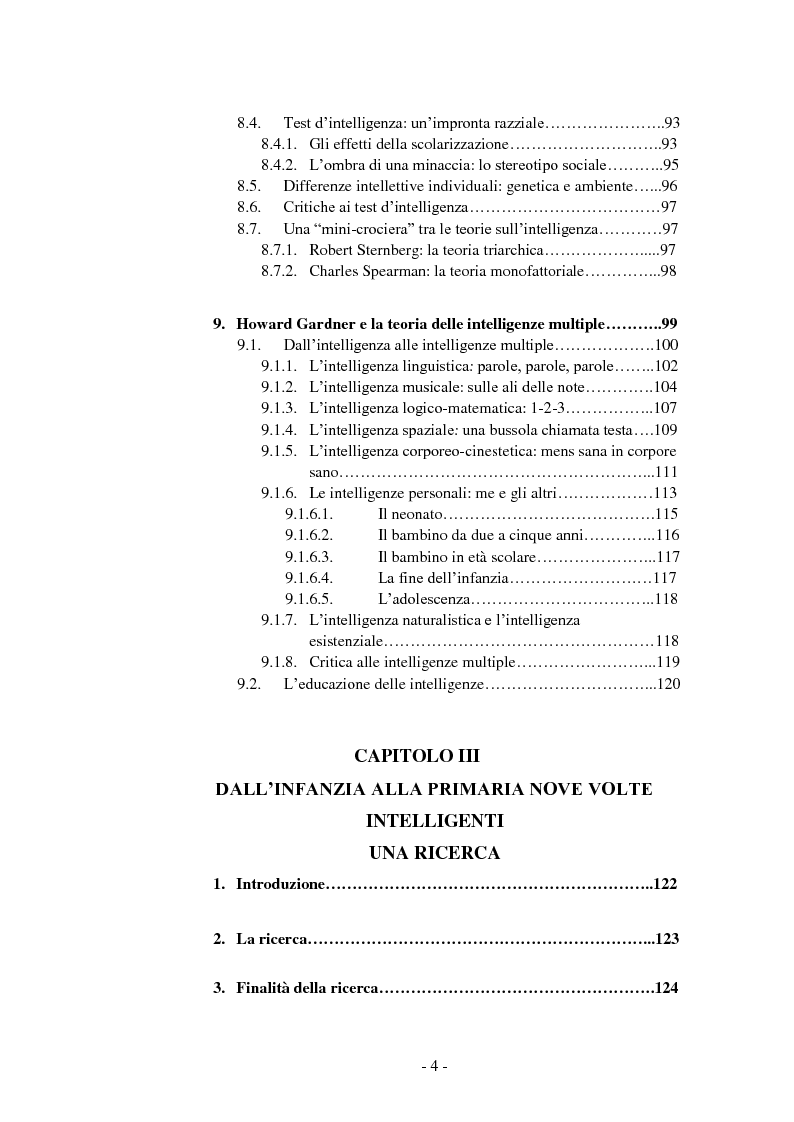 Indice della tesi: Una, nessuna, centomila. Lo sviluppo delle intelligenze in bambini della scuola dell'infanzia e primaria, Pagina 4