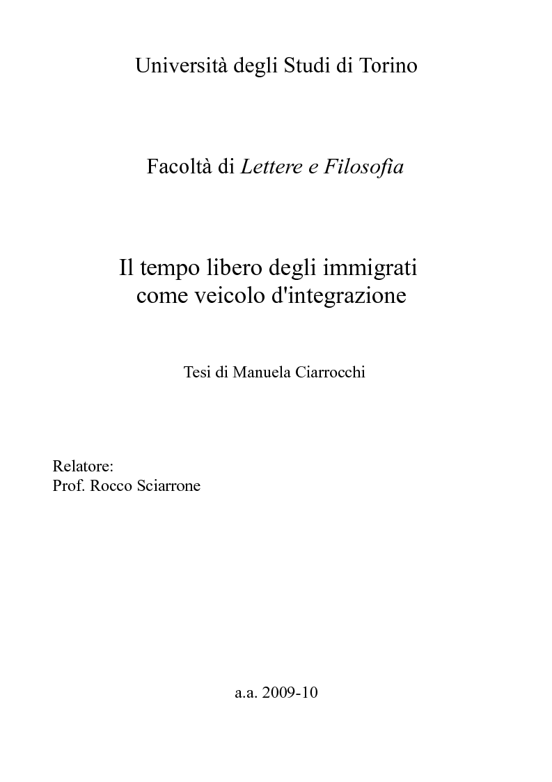 Anteprima della tesi: Il tempo libero degli immigrati come veicolo d'integrazione, Pagina 1