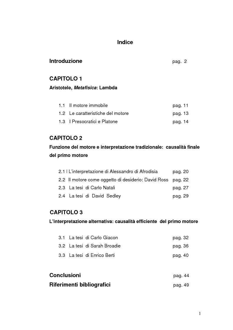 Indice della tesi: Aristotele, libro Lambda della Metafisica: natura e causalità del primo motore immobile, Pagina 1
