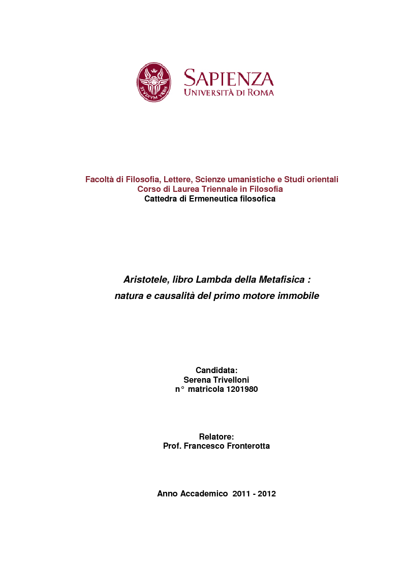 Anteprima della tesi: Aristotele, libro Lambda della Metafisica: natura e causalità del primo motore immobile, Pagina 1