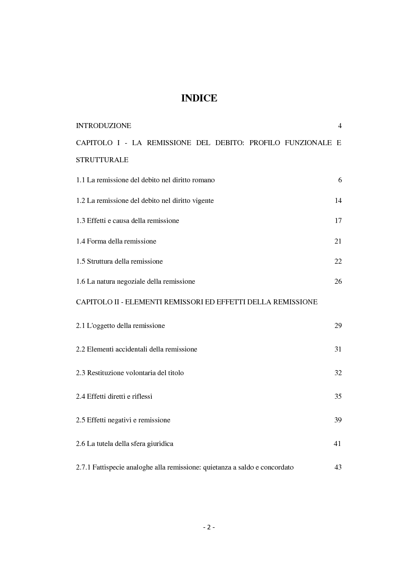 Indice della tesi: Remissione del debito e donazioni indirette, Pagina 1