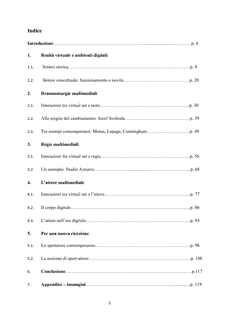Indice della tesi: Virtual set. Percorsi fra teatro e tecnologie, Pagina 1