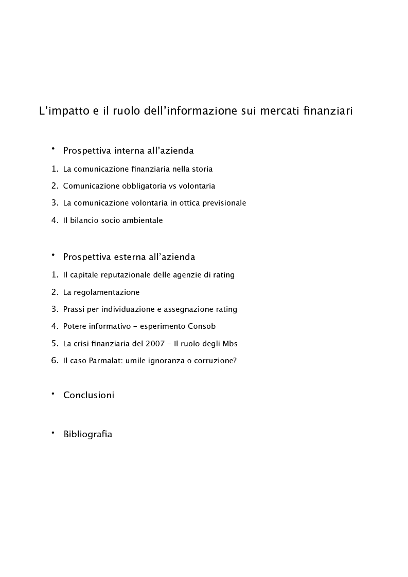 Indice della tesi: L'impatto e il ruolo dell'informazione nei mercati finanziari, Pagina 1