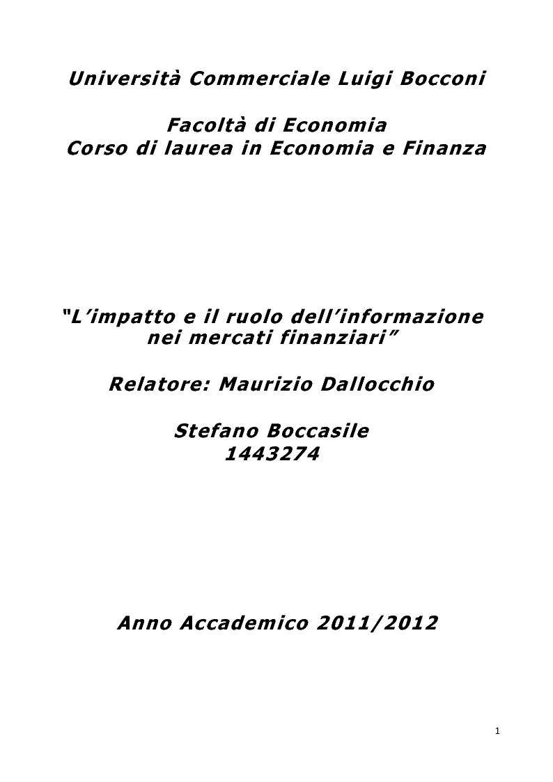 Anteprima della tesi: L'impatto e il ruolo dell'informazione nei mercati finanziari, Pagina 1