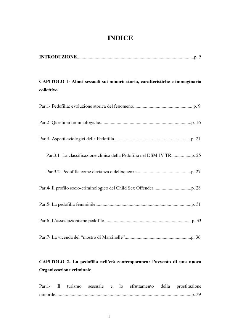 Indice della tesi: La percezione sociale della pedofilia: una web survey, Pagina 1