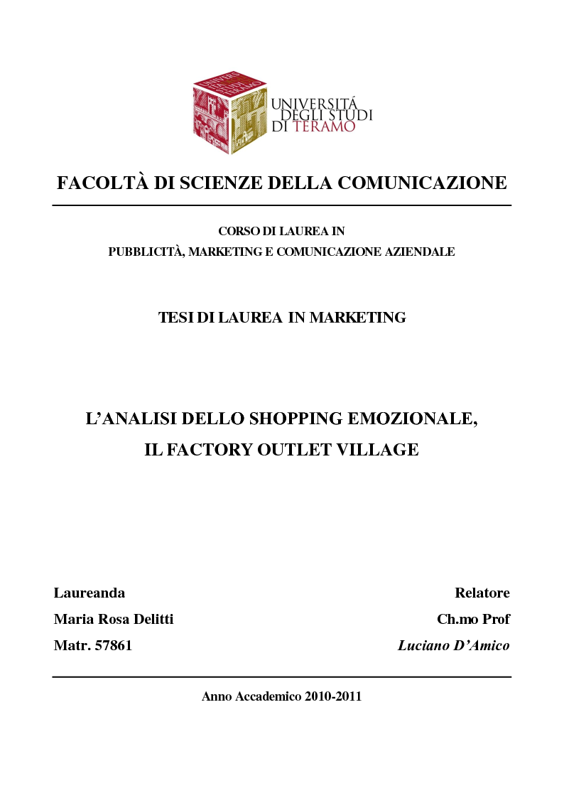 Anteprima della tesi: L'analisi dello shopping emozionale, il Factory Outlet Village, Pagina 1