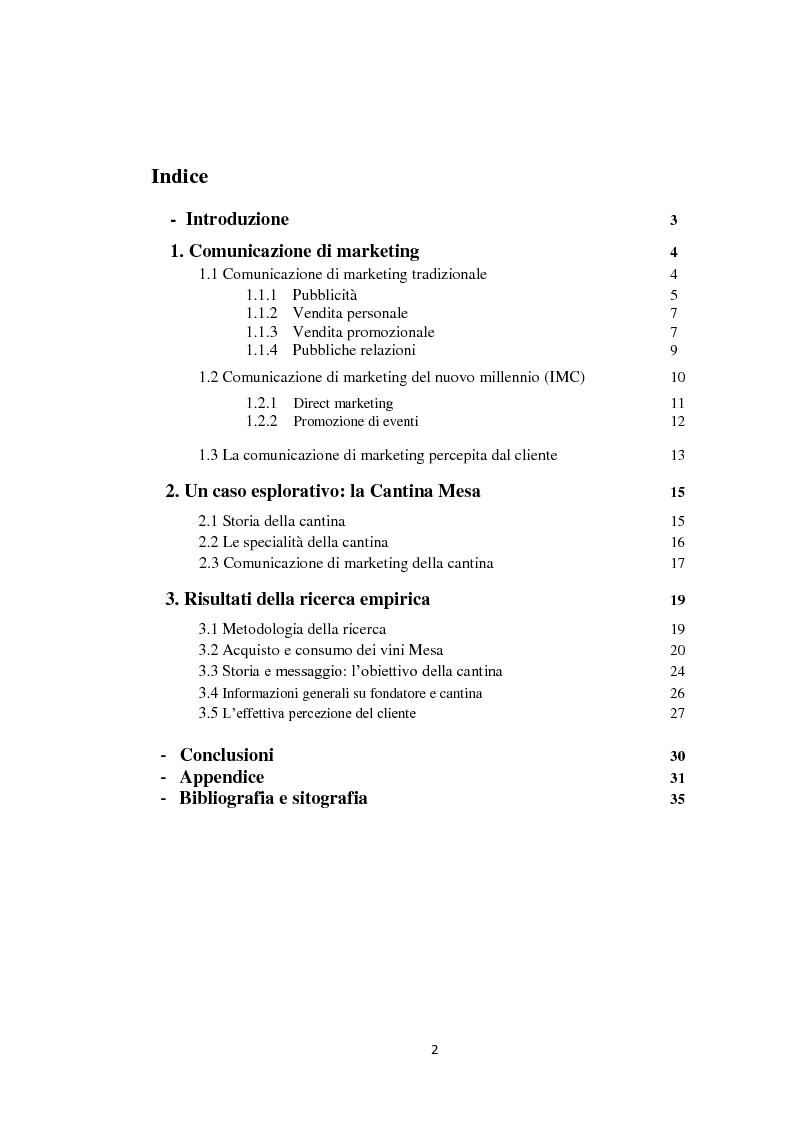 Indice della tesi: La comunicazione dell'impresa e la percezione del cliente - Il caso della Cantina Mesa, Pagina 1
