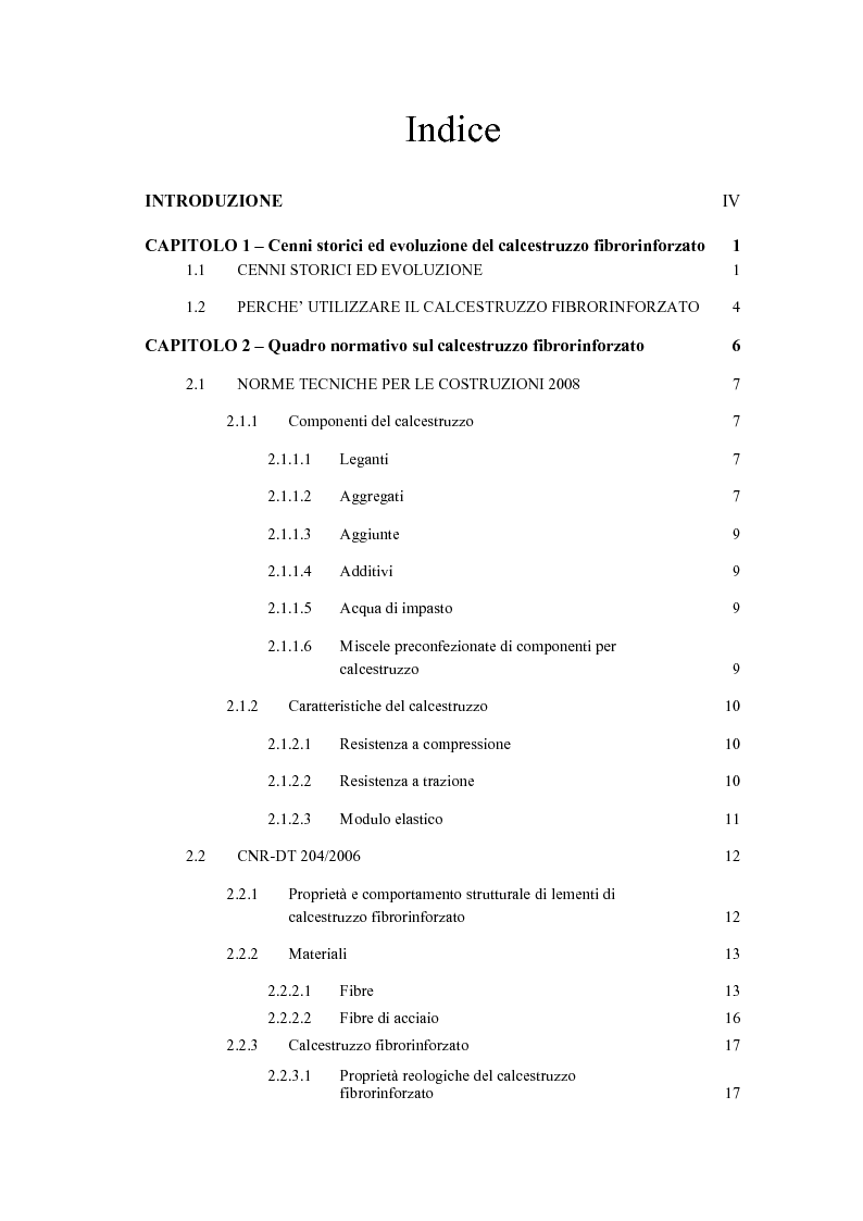 Indice della tesi: influenza delle fibre d'acciaio sul comportamento flessionale del calcestruzzo fibrorinforzato, Pagina 1