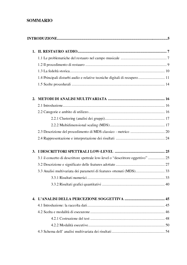 Indice della tesi: Studio della deviazione percettiva di campioni audio restaurati digitalmente, Pagina 1