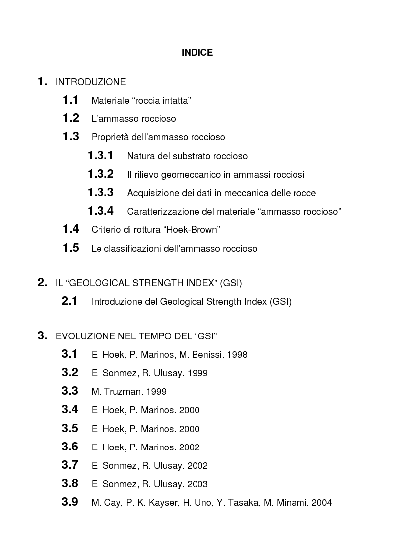 Indice della tesi: La classificazione degli ammassi rocciosi Geological Strength Index (GSI), Pagina 1