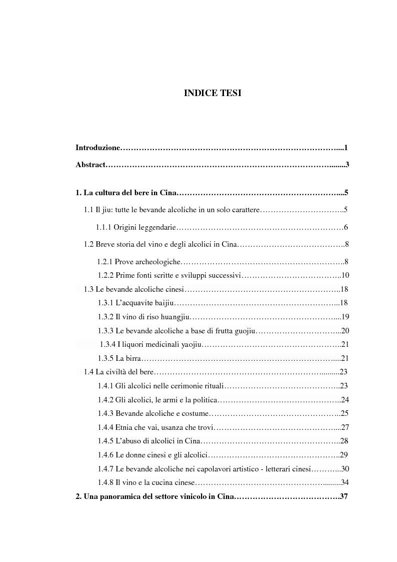 Indice della tesi: Il vino in Cina e la presenza piemontese: cultura e mercati, Pagina 1