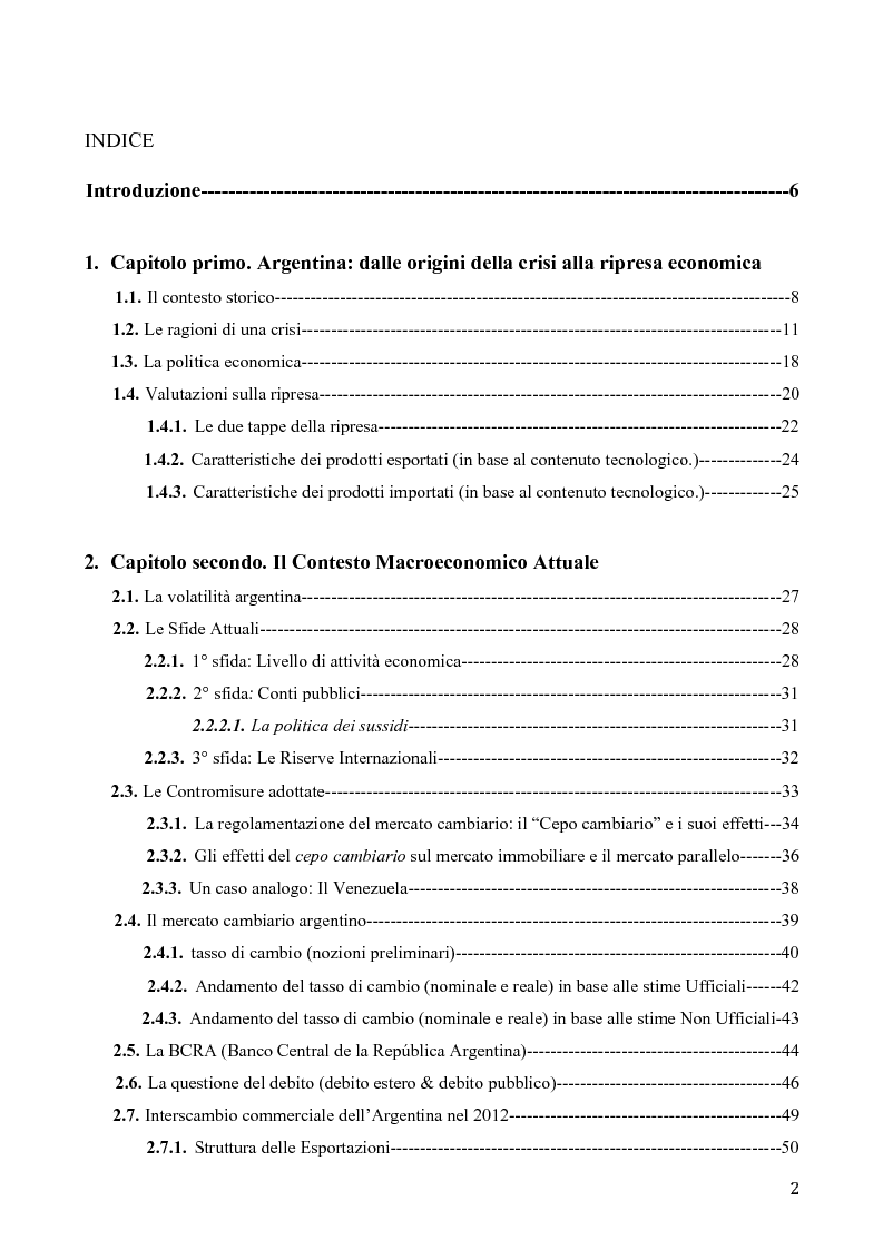 Indice della tesi: Determinanti della stabilità macroeconomica in Argentina: il ruolo della struttura dell’export e del tasso di cambio, Pagina 1