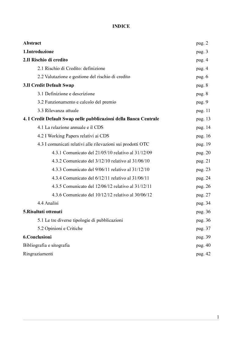 Indice della tesi: Profili teorici ed analitici dei CDS attraverso la lettura della documentazione della banca centrale, Pagina 1