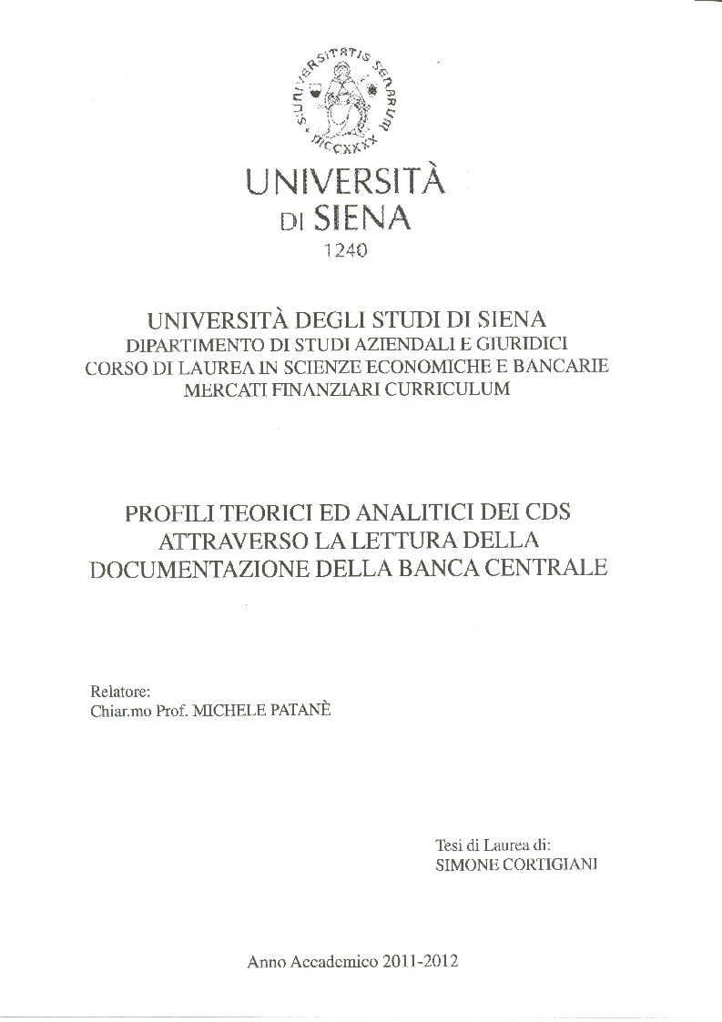 Anteprima della tesi: Profili teorici ed analitici dei CDS attraverso la lettura della documentazione della banca centrale, Pagina 1