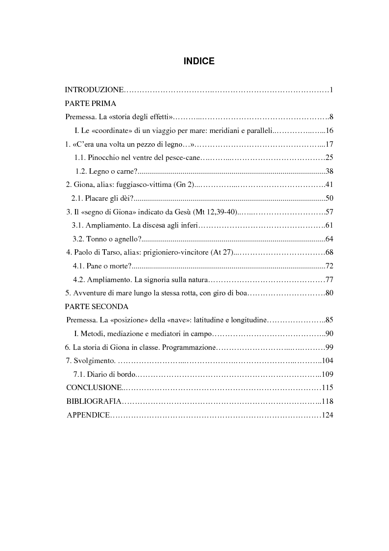 Indice della tesi: «Il segno di Giona» (Mt 12,39-40). Da Pinocchio a Paolo di Tarso: una simbolica della resurrezione in declinazione didattica., Pagina 1