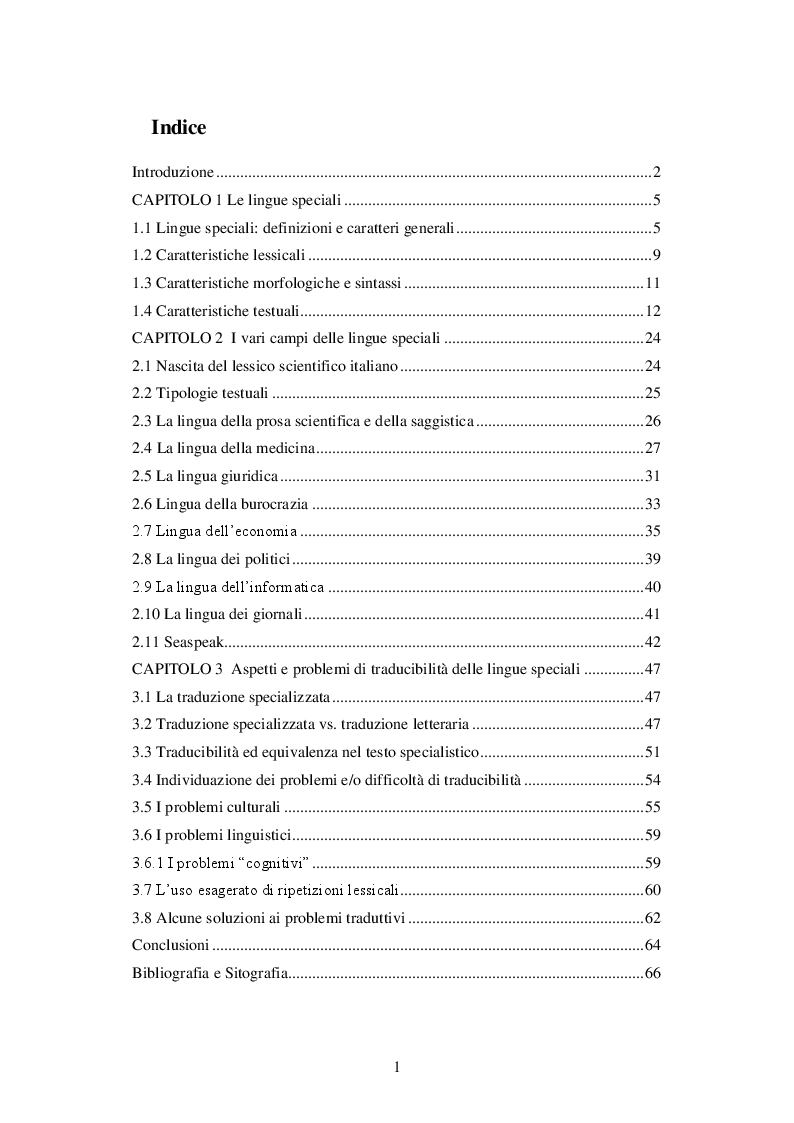 Indice della tesi: Le lingue speciali e i problemi di traducibilità, Pagina 1