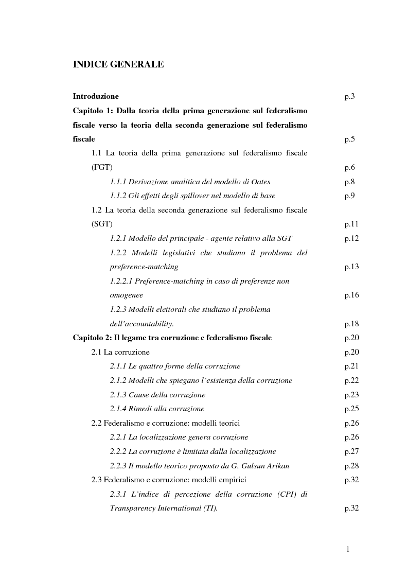 Indice della tesi: Il federalismo fiscale e la corruzione, Pagina 1