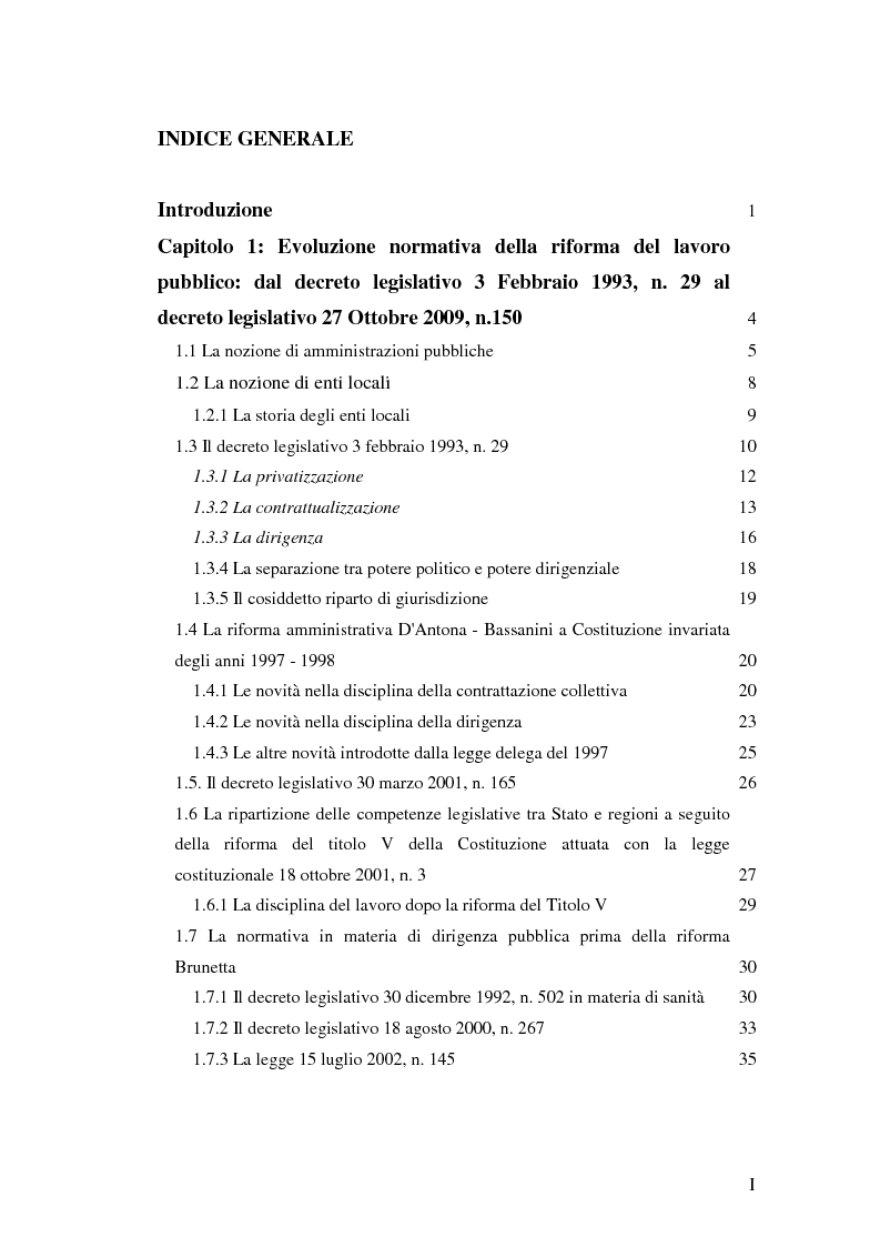 Indice della tesi: Le riforme del lavoro pubblico e gli enti locali: uniformità con il modello statale ed autonomia organizzativa, Pagina 1