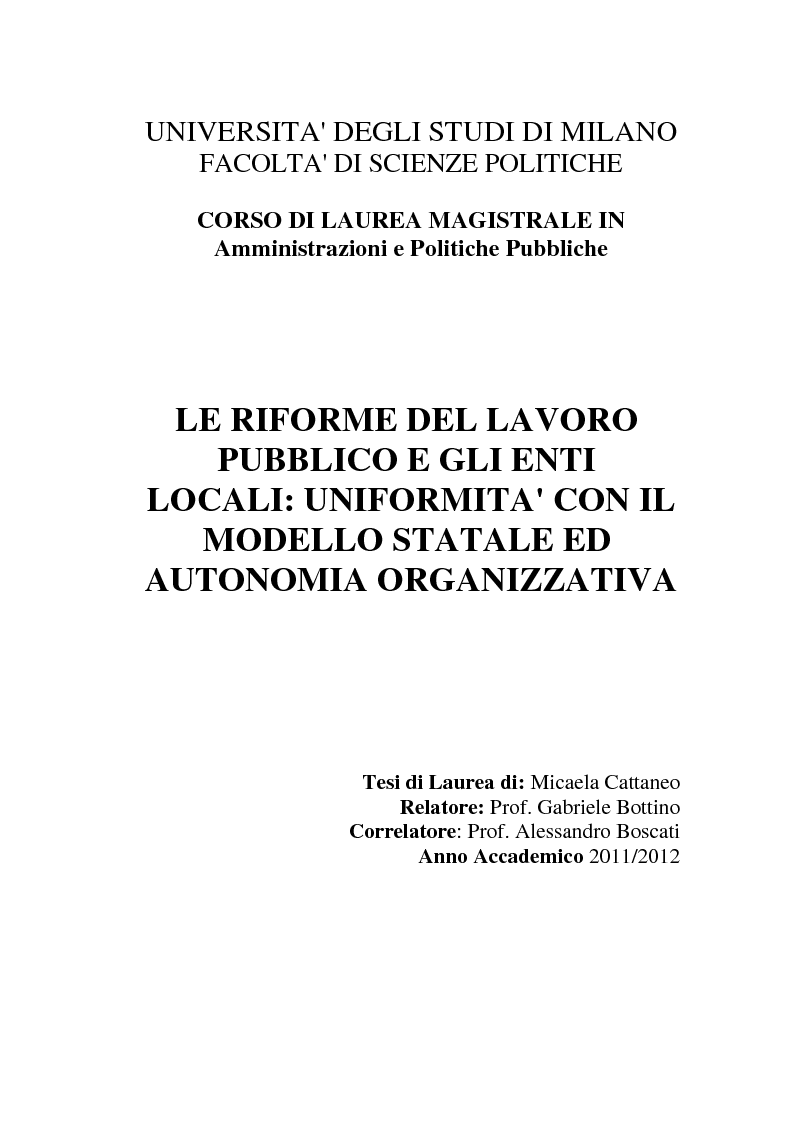 Anteprima della tesi: Le riforme del lavoro pubblico e gli enti locali: uniformità con il modello statale ed autonomia organizzativa, Pagina 1