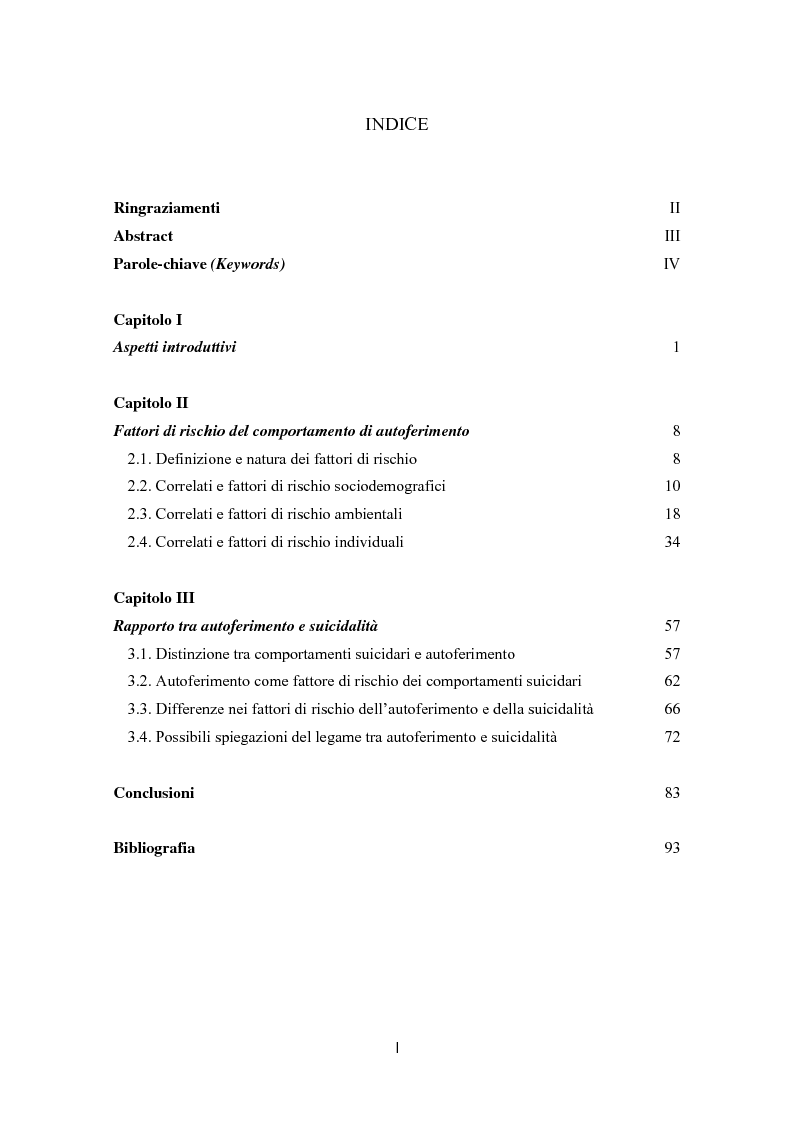 Indice della tesi: Autoferimento in adolescenza. Correlati, fattori di rischio e rapporto con il comportamento suicidario., Pagina 1