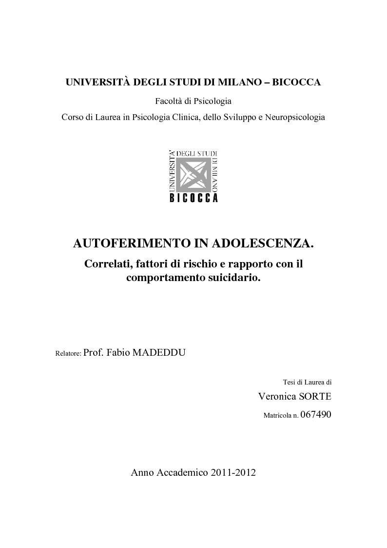 Anteprima della tesi: Autoferimento in adolescenza. Correlati, fattori di rischio e rapporto con il comportamento suicidario., Pagina 1