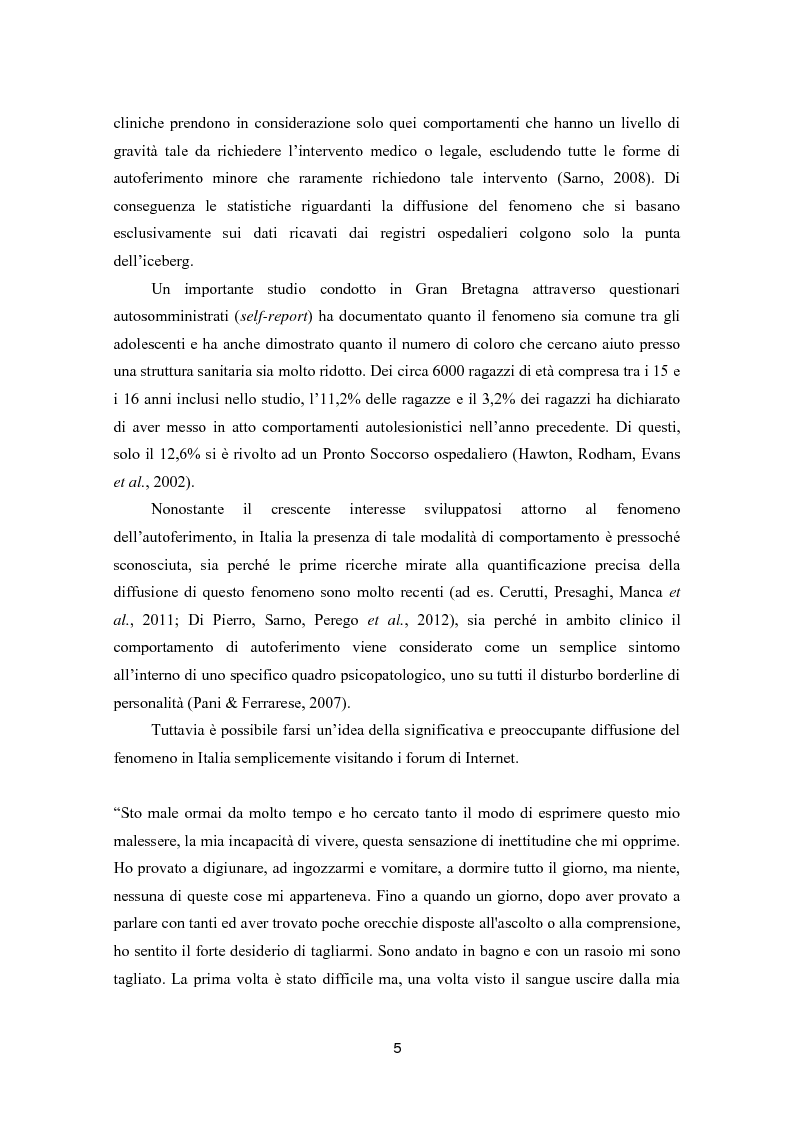 Anteprima della tesi: Autoferimento in adolescenza. Correlati, fattori di rischio e rapporto con il comportamento suicidario., Pagina 6