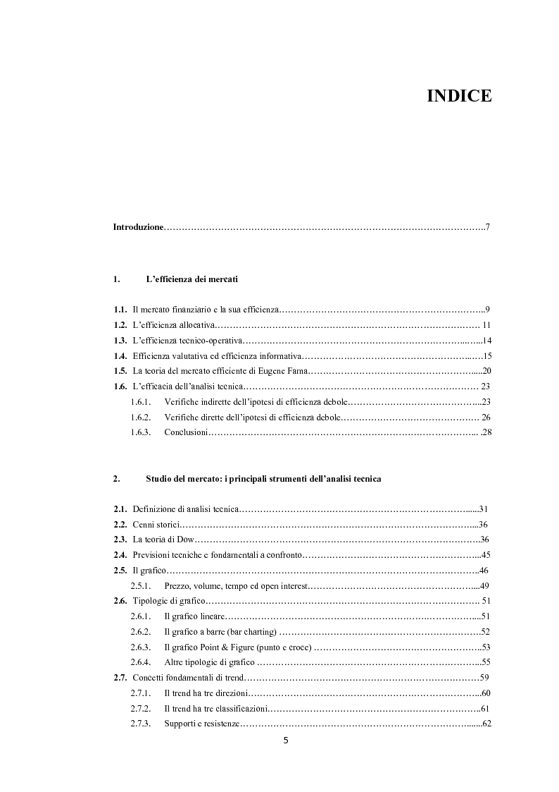 Indice della tesi: Studio del mercato finanziario: efficienza, analisi tecnica e il caso del Banco Popolare, Pagina 1