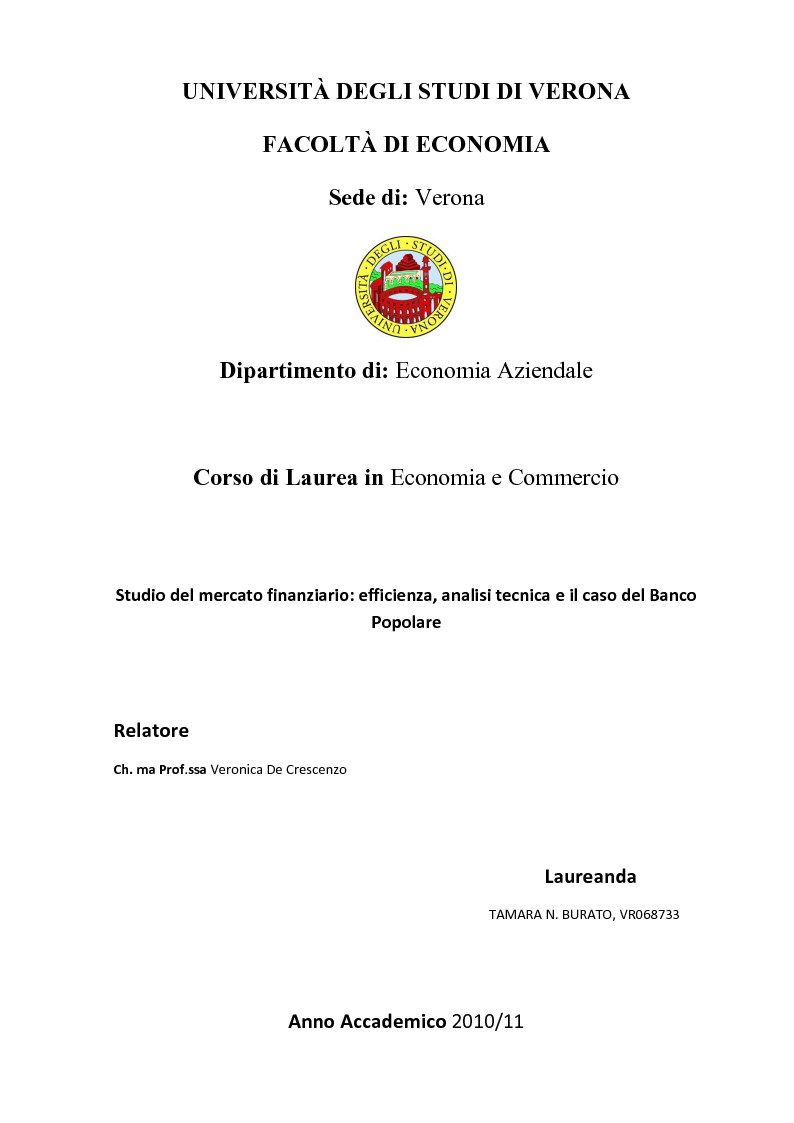 Anteprima della tesi: Studio del mercato finanziario: efficienza, analisi tecnica e il caso del Banco Popolare, Pagina 1