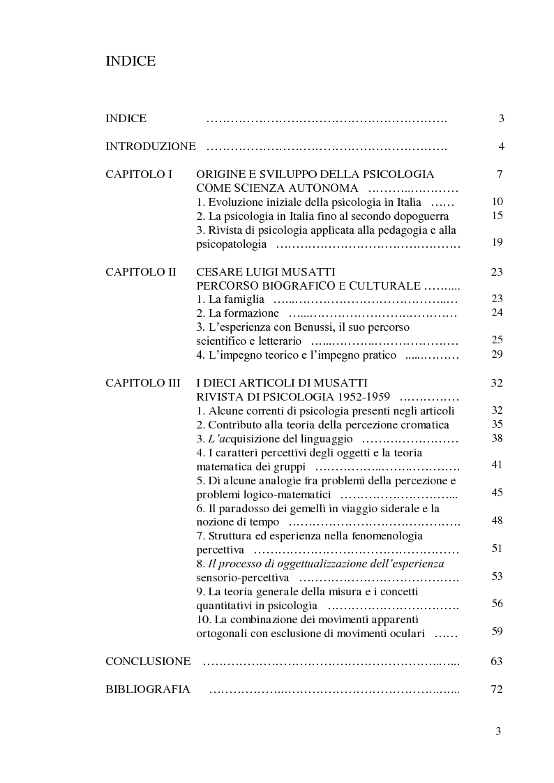 Indice della tesi: Cesare Musatti nella storia della psicologia in Italia dieci articoli in rivista di psicologia 1952-1959, Pagina 1
