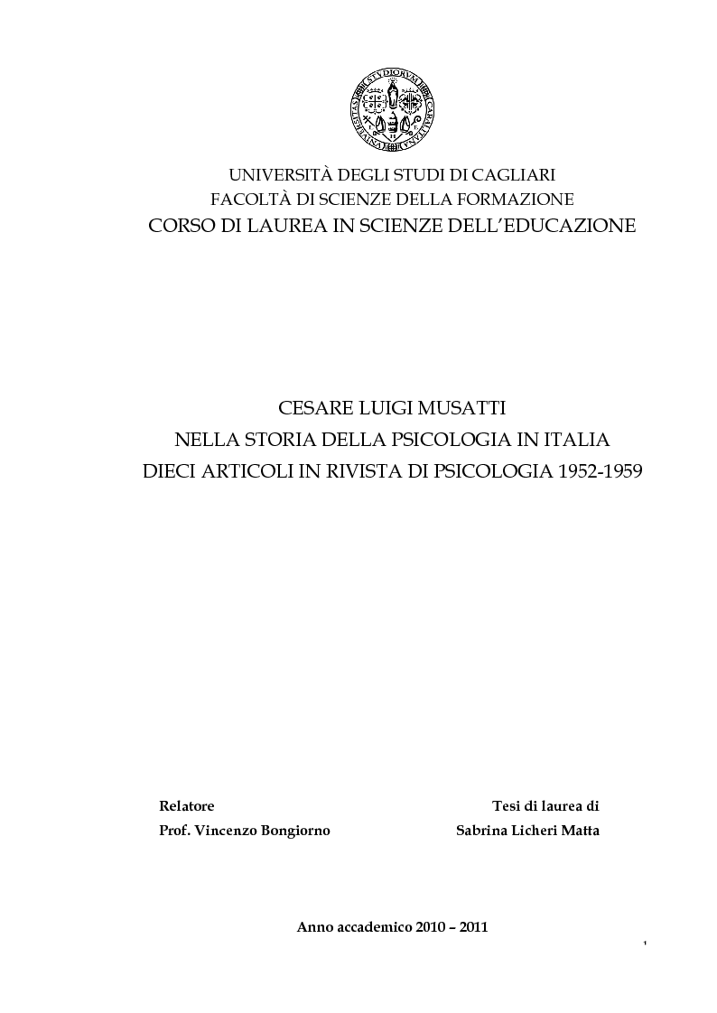 Anteprima della tesi: Cesare Musatti nella storia della psicologia in Italia dieci articoli in rivista di psicologia 1952-1959, Pagina 1