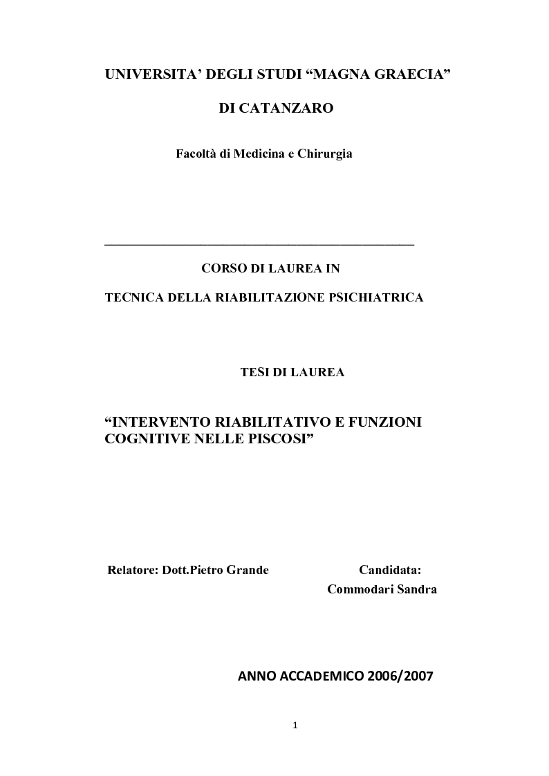 Anteprima della tesi: Intervento riabilitativo e funzioni cognitive nelle psicosi, Pagina 1