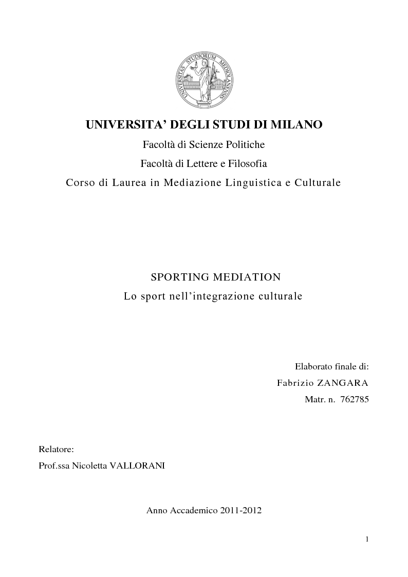 Anteprima della tesi: Sporting Mediation - Lo sport nell'integrazione culturale, Pagina 1