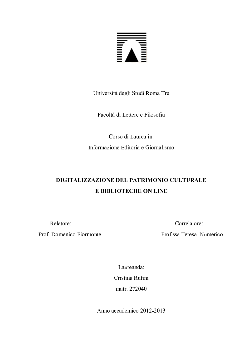 Anteprima della tesi: Digitalizzazione del patrimonio culturale e biblioteche online, Pagina 1