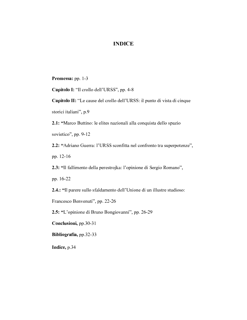 Indice della tesi: Il crollo dell'URSS, Pagina 1