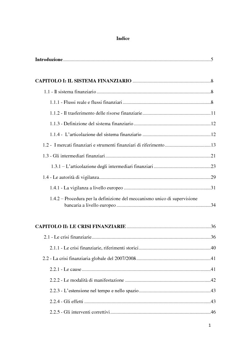 Indice della tesi: Il credit crunch nei periodi di crisi finanziaria, Pagina 1