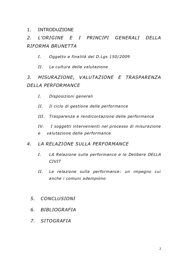 Indice della tesi: La relazione sulla performance. Il diritto del lavoro del pubblico impiego dopo la cd. riforma Brunetta, Pagina 1