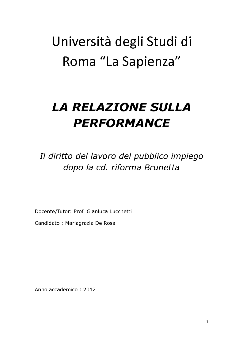Anteprima della tesi: La relazione sulla performance. Il diritto del lavoro del pubblico impiego dopo la cd. riforma Brunetta, Pagina 1