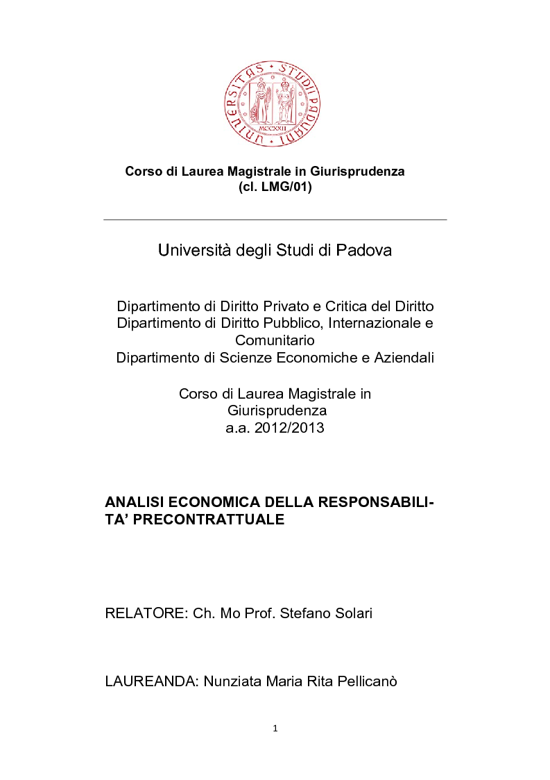 Anteprima della tesi: Analisi economica della responsabilità precontrattuale, Pagina 1