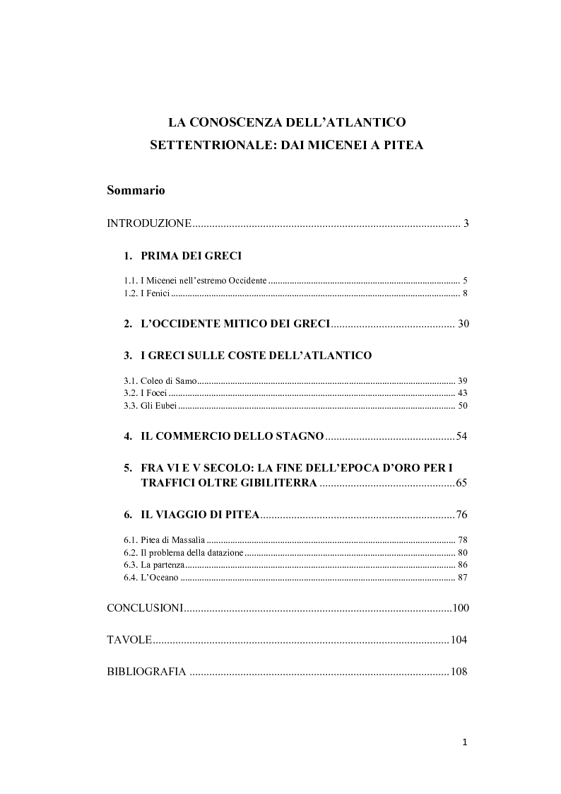 Indice della tesi: La conoscenza dell'Atlantico settentrionale: dai Micenei a Pitea, Pagina 1